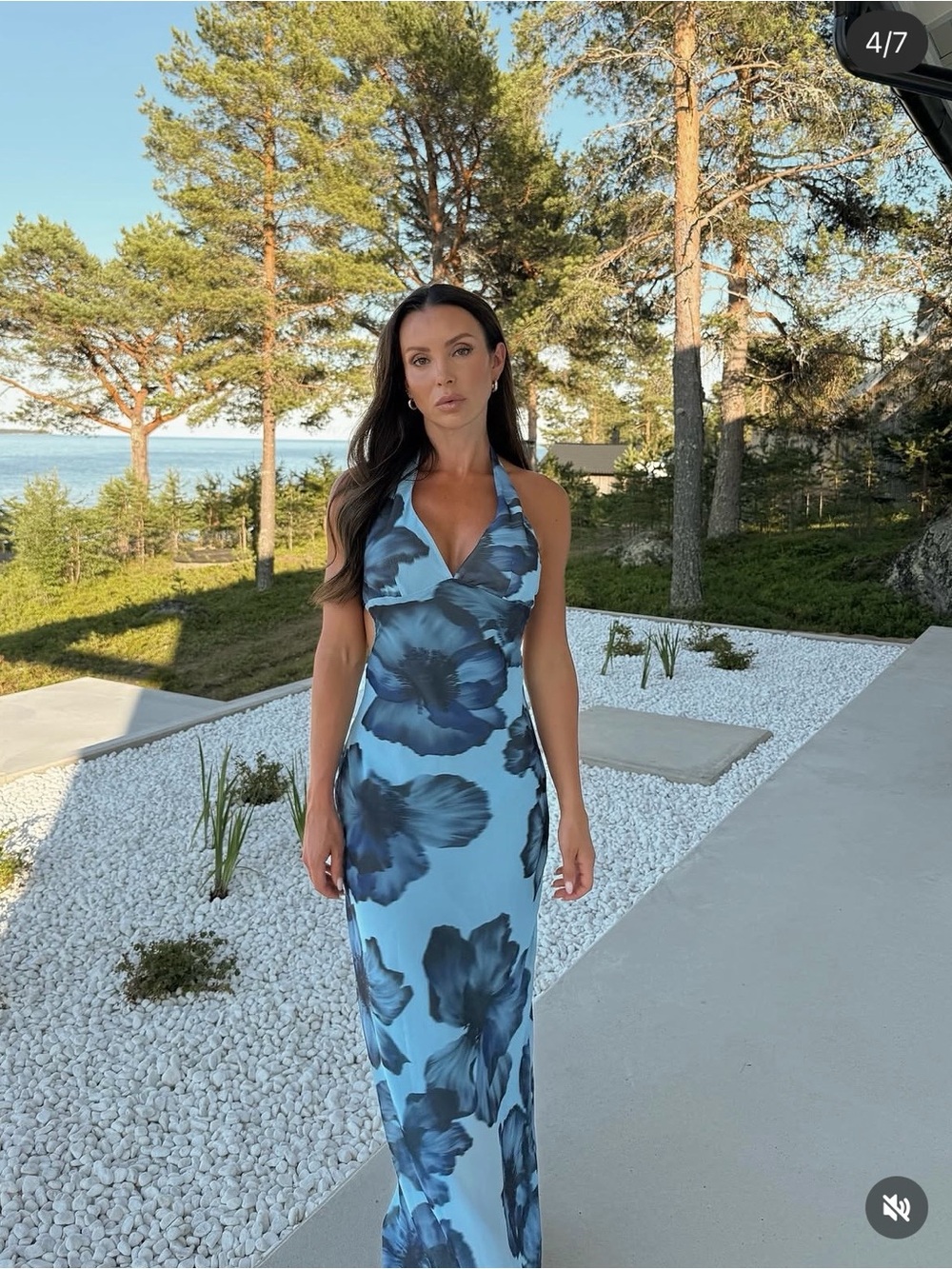 Zara Blue Long Floral Halter Maxi Dress Wedding Party Evening